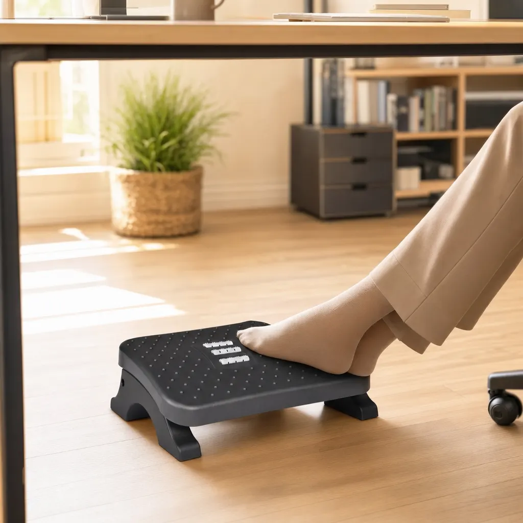Repose-pied ergonomique Reposia, plateau noir incliné avec rouleaux massants et surface à picots, posé sous un bureau
