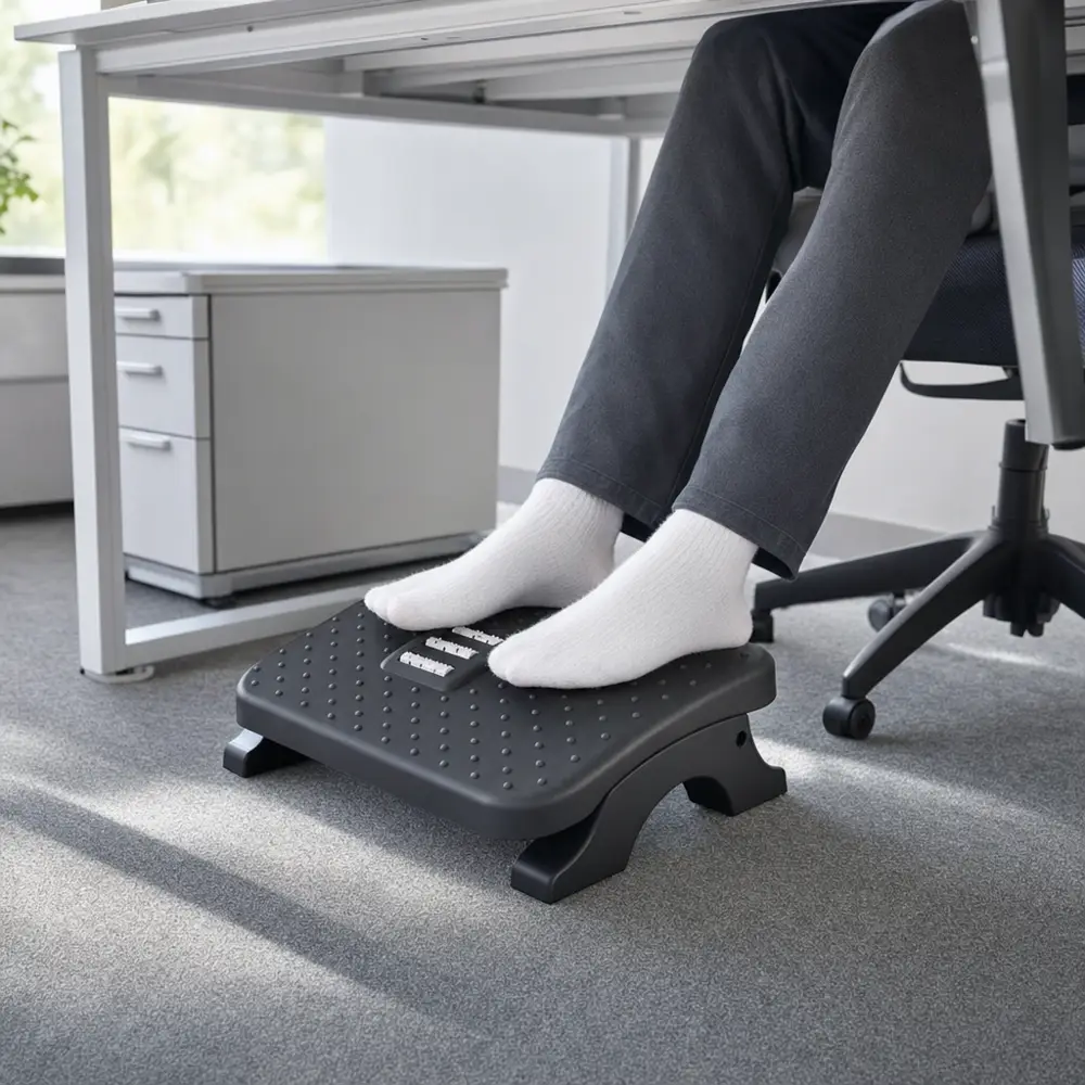 Personne assise à son bureau, pieds surélevés sur le repose-pied ergonomique Reposia