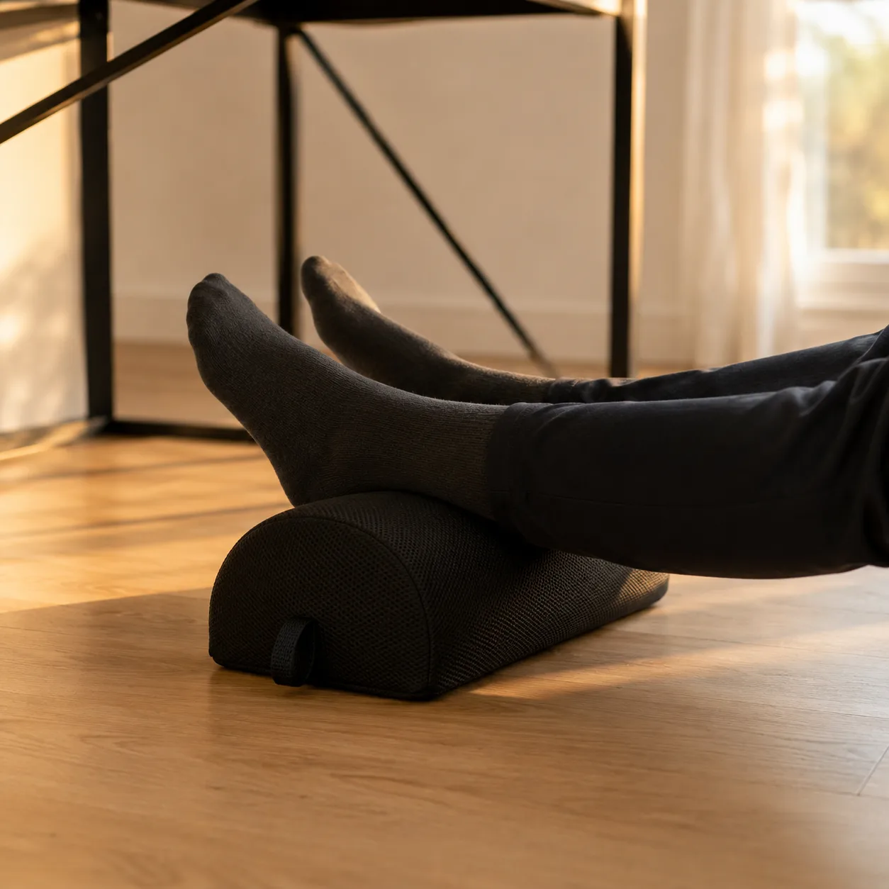 Coussin repose-pied de bureau à mémoire de forme noir, housse déhoussable, posé sous un bureau