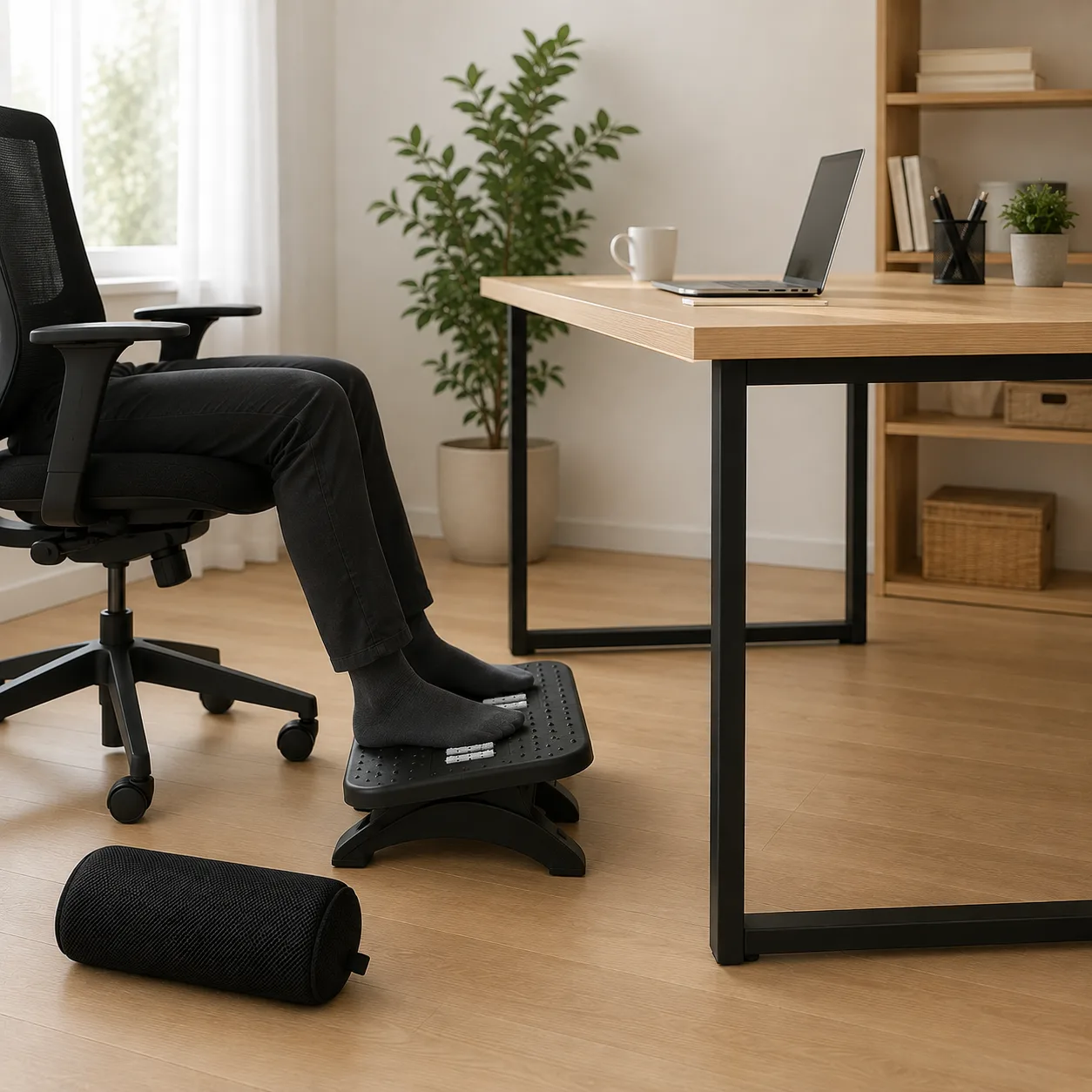 Personne assise sur un fauteuil de bureau noir, pieds posés sur le repose-pied ergonomique Reposia sous un bureau en bois clair, coussin à mémoire de forme posé au sol à côté