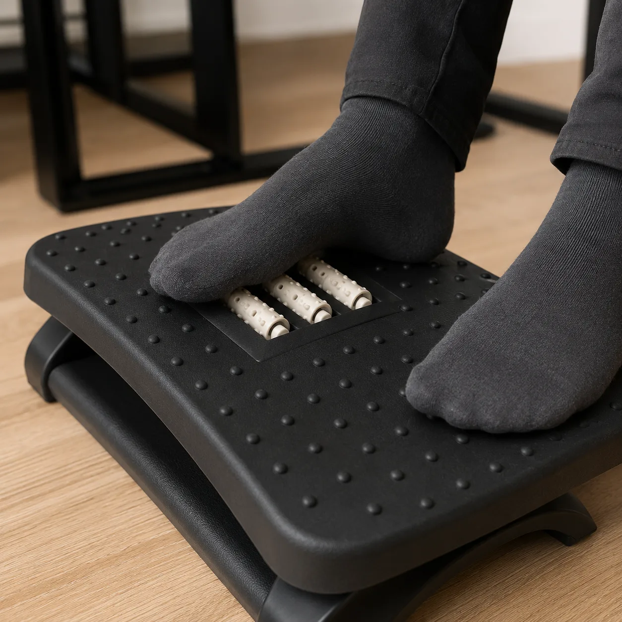 Jambes vues de profil, pieds posés sur le repose-pied ergonomique, genou à angle droit