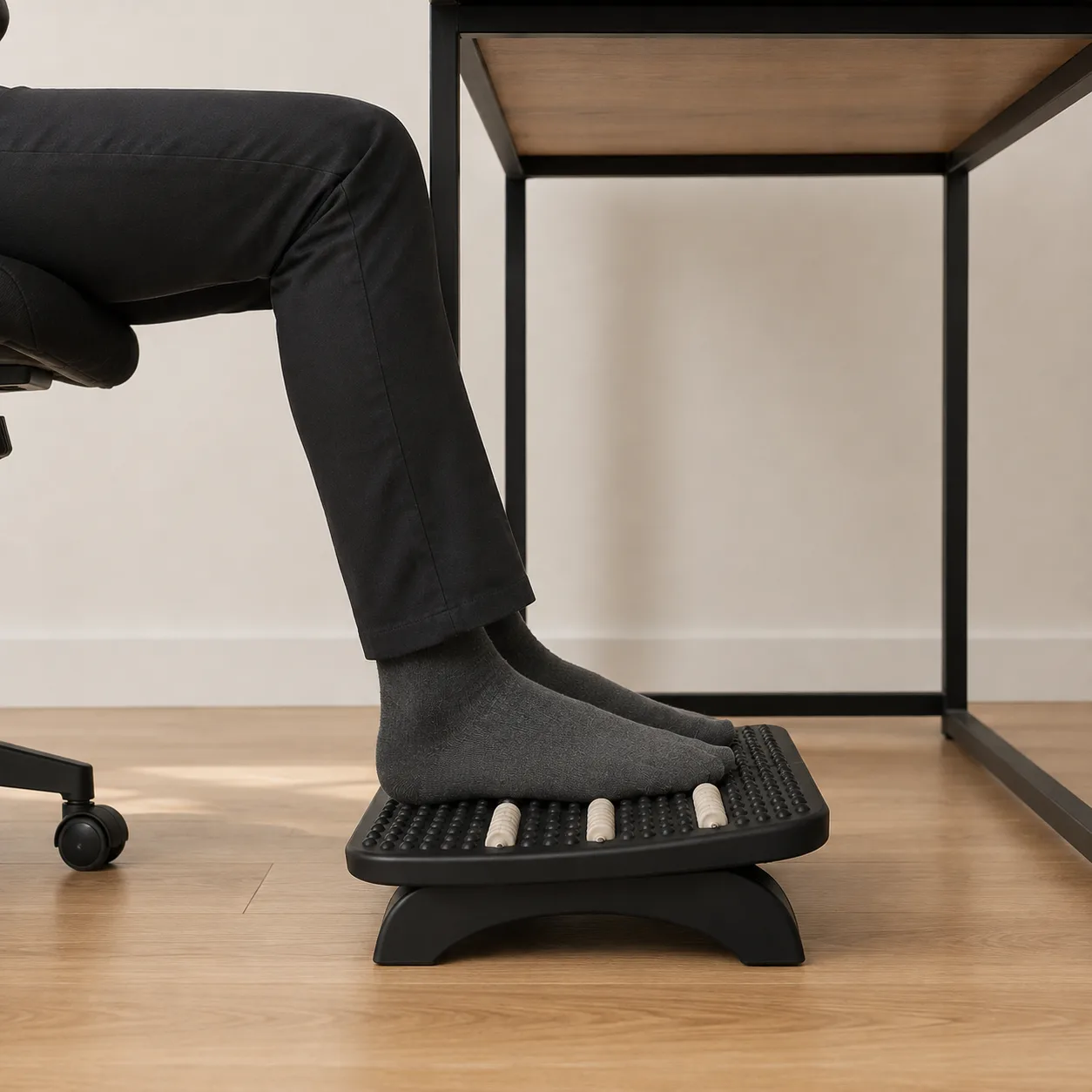 Un pied posé sur le coussin à mémoire de forme et l’autre sur le plateau à rouleaux