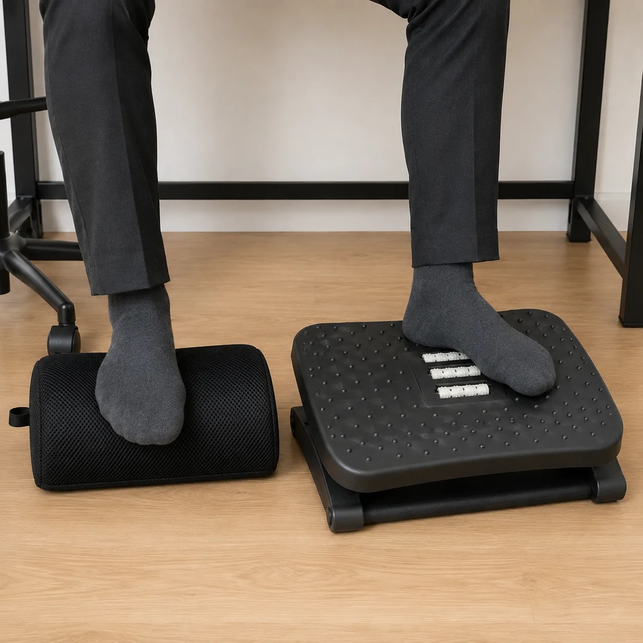 Pieds en chaussettes suspendus dans le vide sous un bureau, sans aucun appui au sol