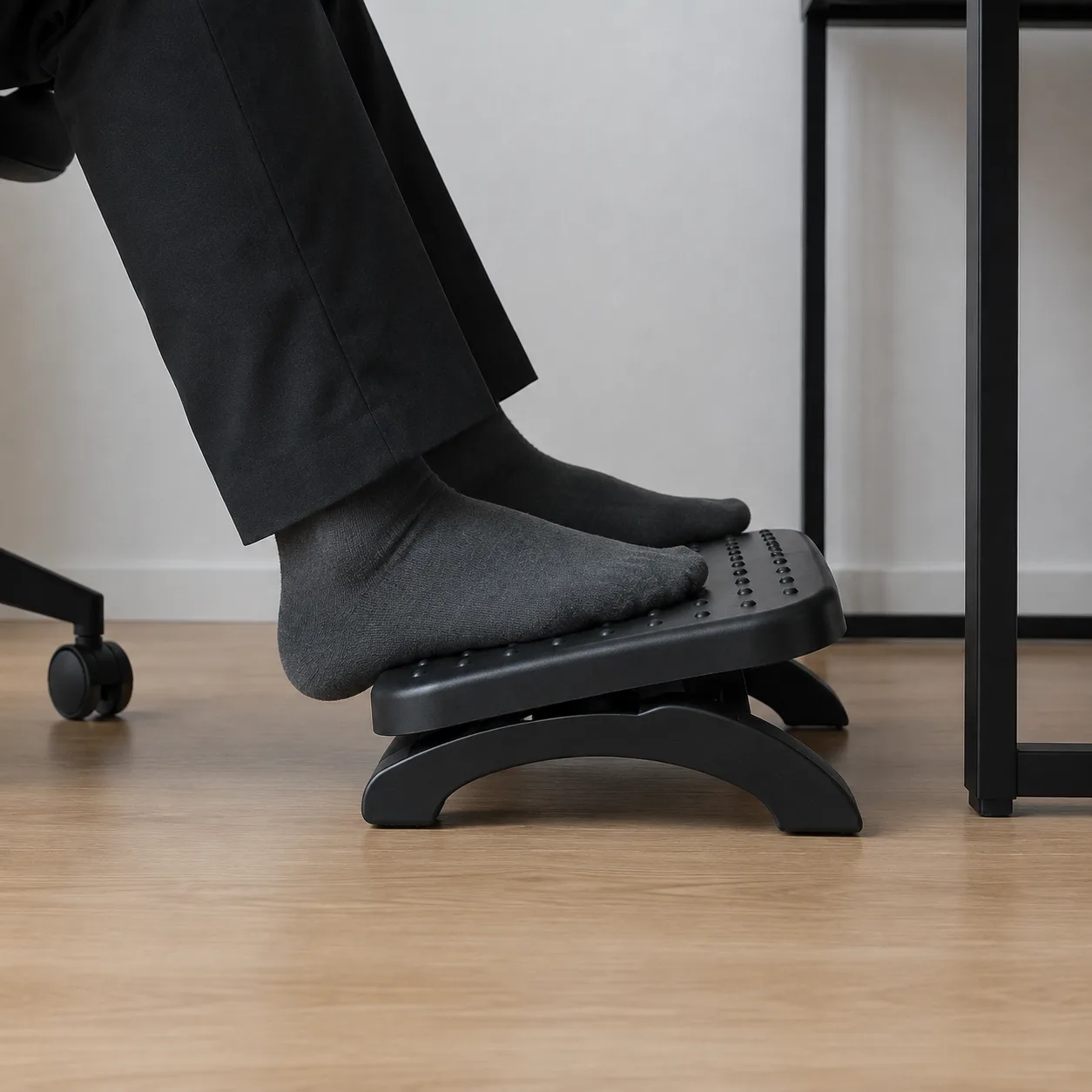 Pied en flexion de cheville sur le repose-pied ergonomique, talon posé et orteils relevés
