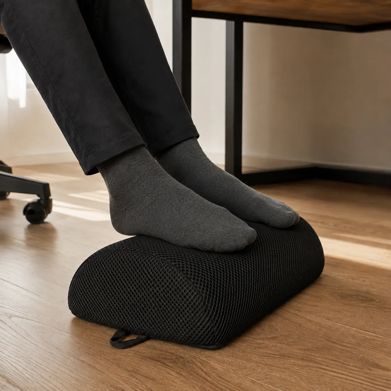 Repose-pied ergonomique Reposia posé sur un parquet clair, plateau à picots visible