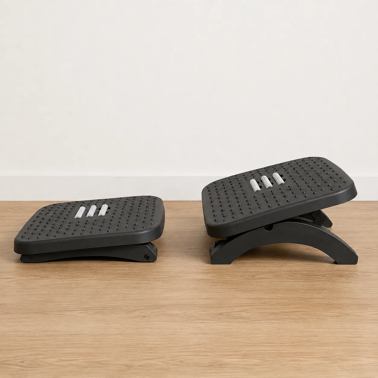 Deux mains réglant la hauteur du repose-pied ergonomique par ses pieds en arche