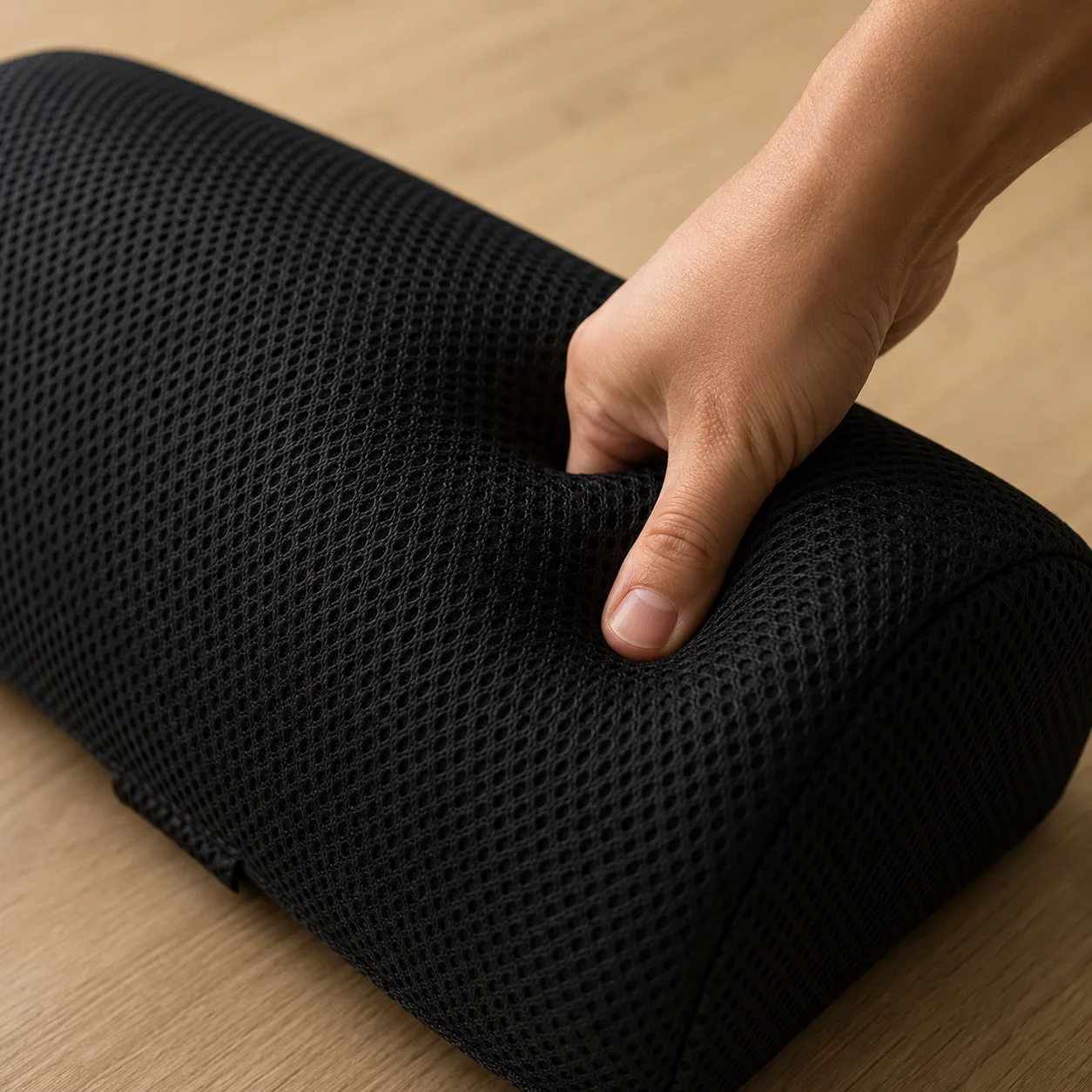 Un repose-pied devant un siège de bureau et un coussin devant une chaise en bois